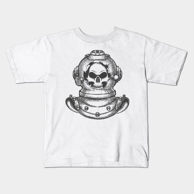 Skull in Broken Diving Helmet Kids T-Shirt by devaleta